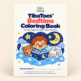 TibaToes™ Bedtime Coloring Book, product on a clean warm beige background.