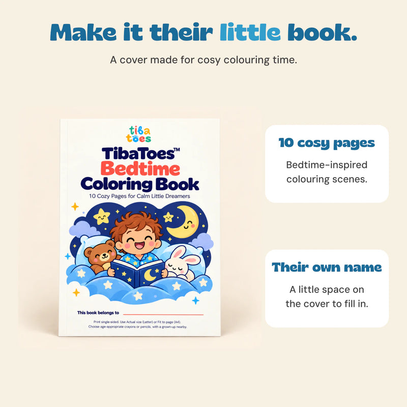 A personalised name space on the cover and 10 bedtime-inspired colouring pages.