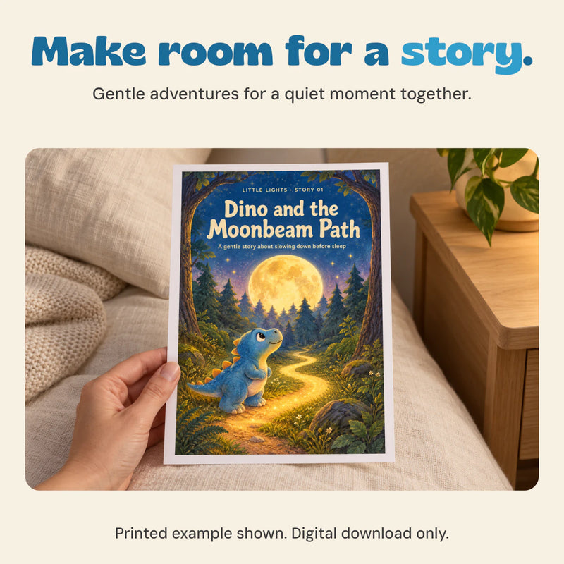 An adult hand holds a printed example of Dino and the Moonbeam Path. Product supplied as a digital download.