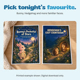 Printed examples of Bunny and Hedgehog story covers on a bedside table. Digital download only.
