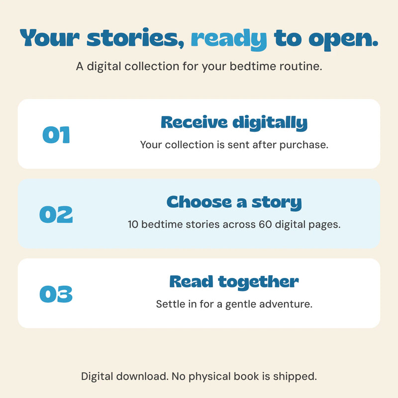 Digital delivery, choosing from ten stories and reading together. No physical book is shipped.