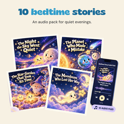 Ten-story bedtime audio pack shown with the four original illustrated story covers and an audio player, on warm beige.