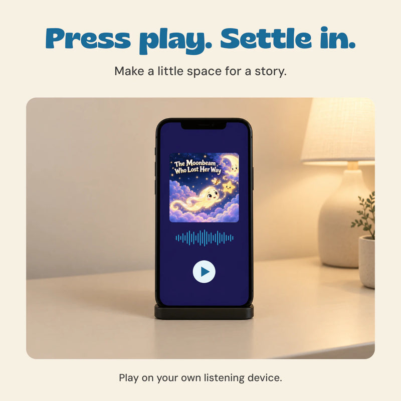 An illustrated audio playback example shows the original Moonbeam story artwork on a phone beside a bedside lamp.