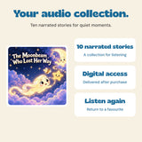 Original story artwork accompanies three clear features: 10 narrated stories, digital access and repeat listening.