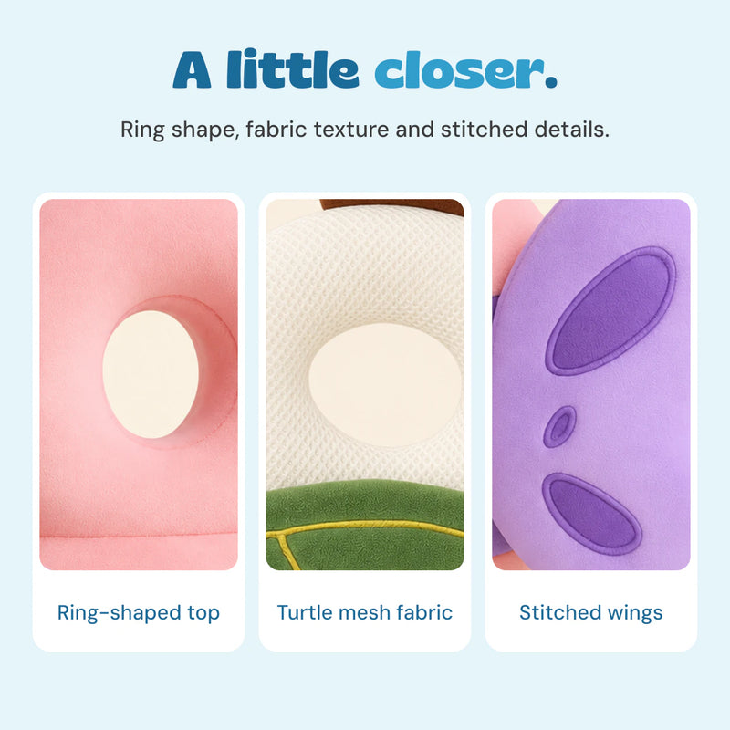 Close-up views of the Pink Butterfly ring opening and wing stitching, plus Green Turtle mesh fabric.