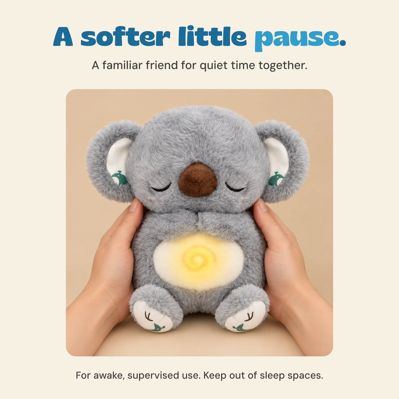 Hands gently holding the Sleepy Koala plush for supervised quiet time together.