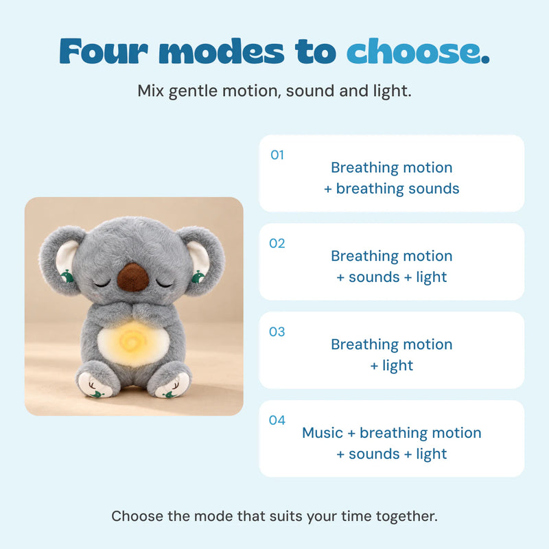 Four Breathing Buddy mode combinations using breathing motion, sounds, light and music.