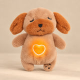 Brown Puppy Breathing Buddy plush with floppy ears and a heart-shaped belly light.