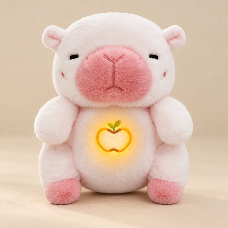 Blush Pink Capybara Breathing Buddy plush with pink muzzle and feet, and an apple belly light.