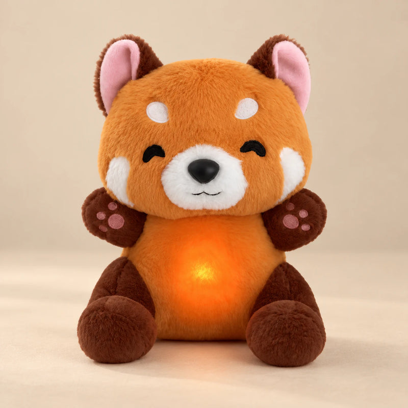 Relief Fox Breathing Buddy plush with orange fur, brown paws and a glowing belly.