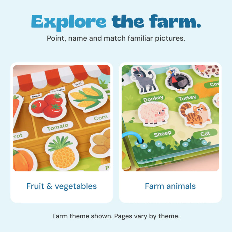 Original farm book details showing fruit, vegetables and animal matching pieces.