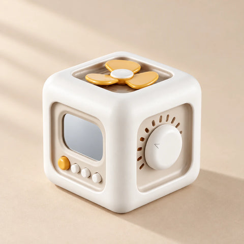 TibaToes Montessori Busy Cube in Off White/Yellow, showing its visible activity panels on a warm beige background.