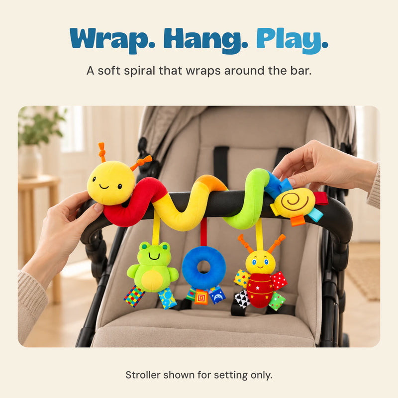 Adult hands position the BusyBuggy soft spiral around the front bar of an empty stroller.