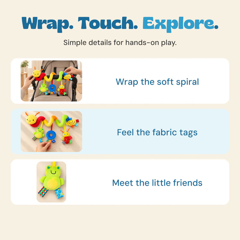 Three BusyBuggy details showing the spiral wrapped on a stroller, colourful fabric tags and soft hanging toys.