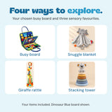 Four included items shown separately: busy board, grey elephant snuggle blanket, blue-neck yellow giraffe rattle and six-ring koala stacking tower.