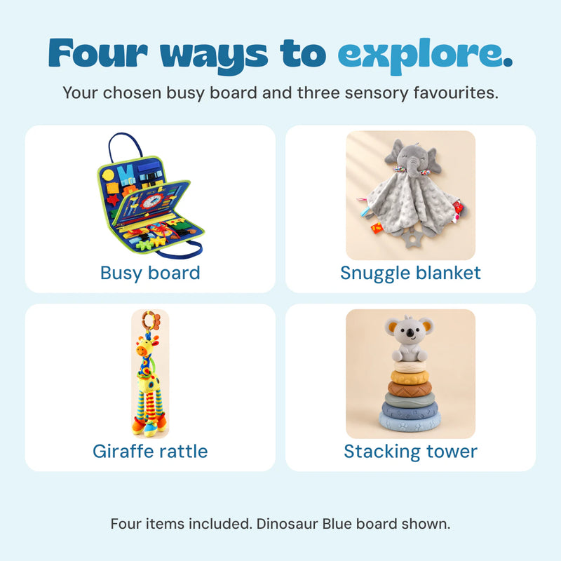 Four included items shown separately: busy board, grey elephant snuggle blanket, blue-neck yellow giraffe rattle and six-ring koala stacking tower.