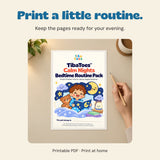Adult hand holding a pencil beside a printed example of the original Calm Nights Bedtime Routine Pack cover on a quiet table.