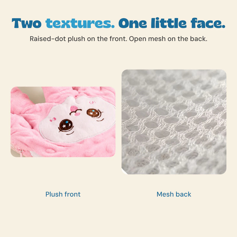Close views of the blush pillow plush front and the exact mesh fabric from its source photograph.