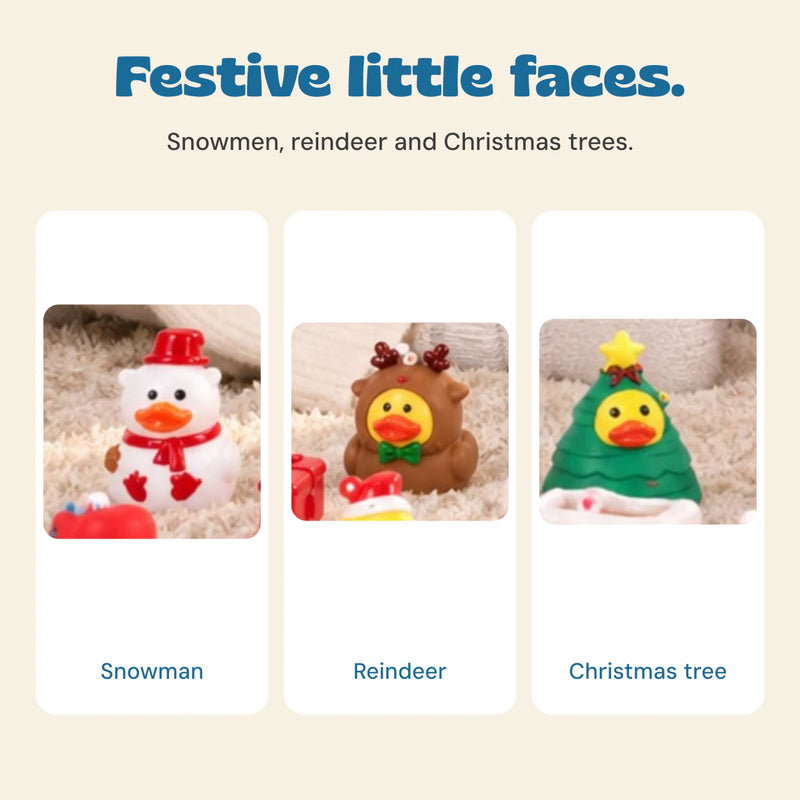 Close views of the actual snowman, reindeer and Christmas tree duck characters from the Classic Red calendar photo.