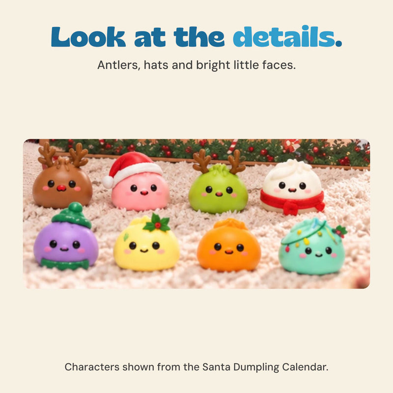 Original close-up of eight colourful dumpling characters with antlers, Santa hats, scarves and festive decorations.