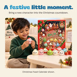 Original child holding a pink Santa-hat dumpling beside the Christmas Feast Calendar box and other festive characters.