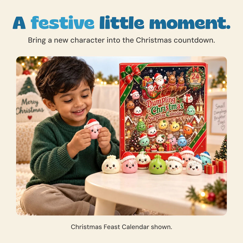 Original child holding a pink Santa-hat dumpling beside the Christmas Feast Calendar box and other festive characters.