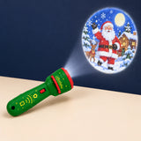 Holiday Green flashlight projector on a warm beige surface, with a Christmas scene projected onto the darker wall.