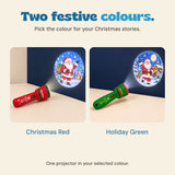 Red and green projector options shown side by side, each with a Christmas projection. One colour is selected per order.