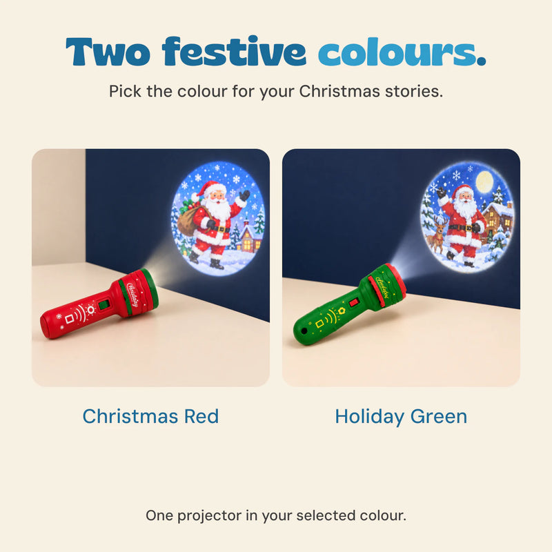 Red and green projector options shown side by side, each with a Christmas projection. One colour is selected per order.