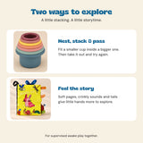 Baby Stack and Story bundle play guide showing Earth Tone nesting cups and the Garden Fun book with soft textures, crinkles and fabric tails.