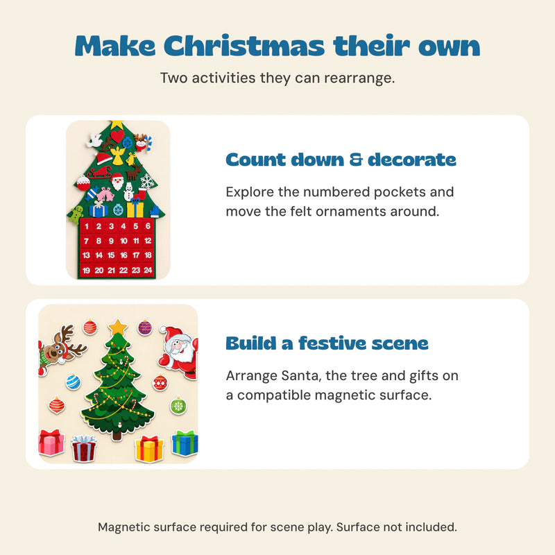 Little Christmas Decorators play guide explaining the felt countdown pockets and removable ornaments, plus the separate festive magnetic scene.
