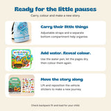Holiday Journey bundle guide explains the backpack compartments, reusable water-colouring pages and movable vehicle stickers.