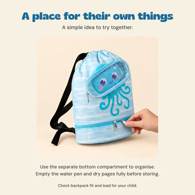 Adult hand holds the lower zipper of the Ocean Octopus backpack, with practical organisation and water-book storage advice.