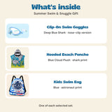 Included in Summer Swim and Snuggle Gift: Deep Blue Shark nose-clip goggles, Blue Cloud Plush shark poncho and Blue astronaut swim bag.