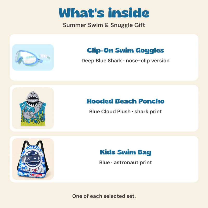 Included in Summer Swim and Snuggle Gift: Deep Blue Shark nose-clip goggles, Blue Cloud Plush shark poncho and Blue astronaut swim bag.
