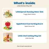 Included in Little Kitchen Play Gift: LittleSprout Froggy Wash Station, ApplePatch Apple Deluxe Set and Little Chef Mix cutting play set.