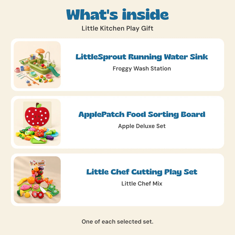 Included in Little Kitchen Play Gift: LittleSprout Froggy Wash Station, ApplePatch Apple Deluxe Set and Little Chef Mix cutting play set.