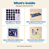 Included in Big Space Adventure Gift: Mega Galaxy projector set with 24 discs, eight-planet puzzle board, Space Adventure quiet book and Astronaut Space Glow Set.