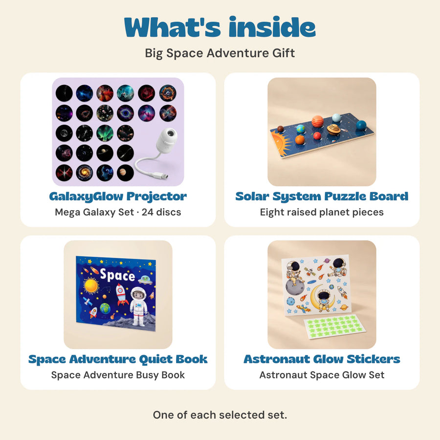 Included in Big Space Adventure Gift: Mega Galaxy projector set with 24 discs, eight-planet puzzle board, Space Adventure quiet book and Astronaut Space Glow Set.
