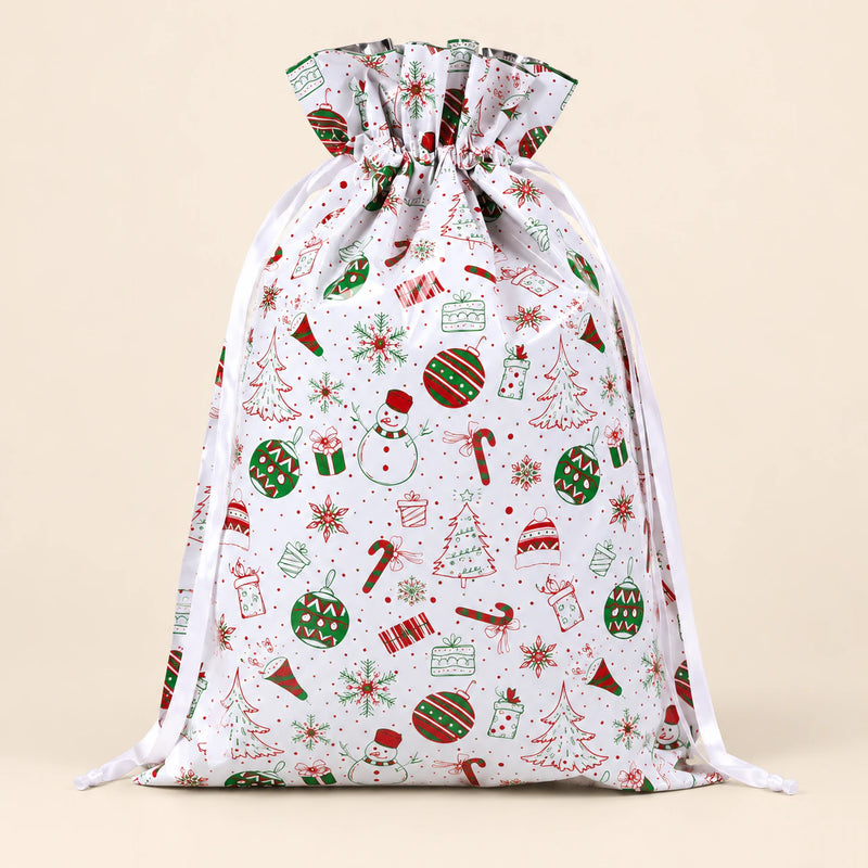 TibaToes Christmas Gift Bag, Medium, Jingle Party White, ribbon closure on a warm beige studio background.