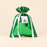 TibaToes Christmas Gift Bag, Small, Little Pine Green, ribbon closure on a warm beige studio background.