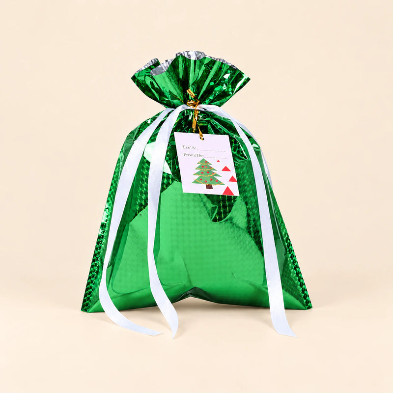 TibaToes Christmas Gift Bag, Small, Little Pine Green, ribbon closure on a warm beige studio background.