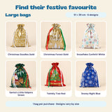 Six Large Christmas gift bag designs with gold, white, green, red and blue festive prints. Size 51 by 39 cm. One bag per purchase.