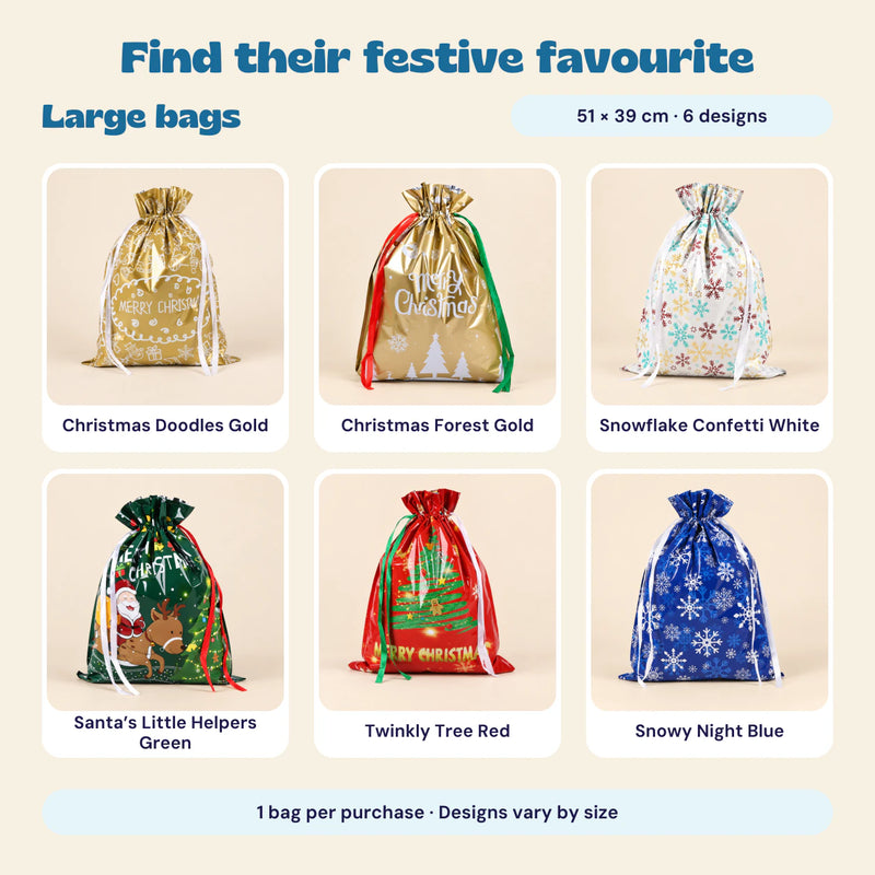 Six Large Christmas gift bag designs with gold, white, green, red and blue festive prints. Size 51 by 39 cm. One bag per purchase.