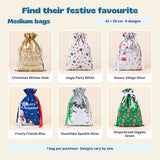 Six Medium Christmas gift bag designs with gold, white, silver, blue and green festive prints. Size 42 by 29 cm. One bag per purchase.