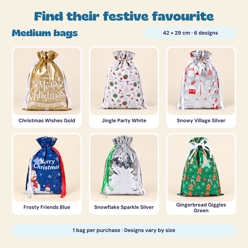 Six Medium Christmas gift bag designs with gold, white, silver, blue and green festive prints. Size 42 by 29 cm. One bag per purchase.