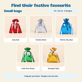 Five Small Christmas gift bag designs: Jolly Red, Twinkle Silver, Winter Sky Blue, Little Pine Green and Starlight Gold. Size 24 by 32 cm. One bag per purchase.