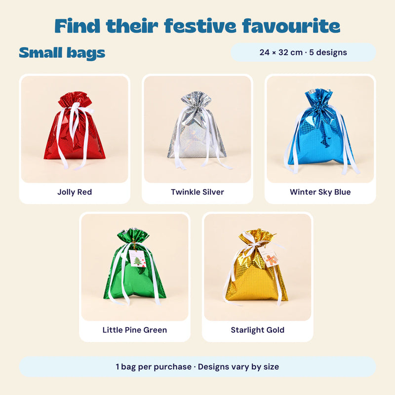 Five Small Christmas gift bag designs: Jolly Red, Twinkle Silver, Winter Sky Blue, Little Pine Green and Starlight Gold. Size 24 by 32 cm. One bag per purchase.