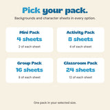 Pack comparison: Mini has 4 sheets, Activity 8 sheets, Group 16 sheets and Classroom 24 sheets, split equally between backgrounds and character sheets.