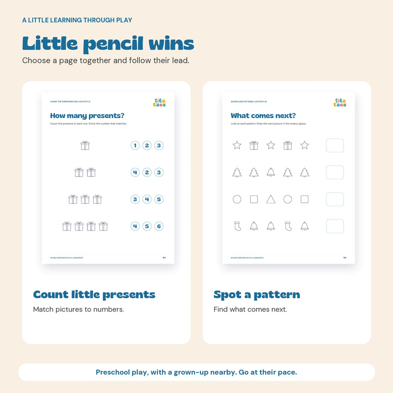 Actual counting and pattern or planet pages for shared preschool activities.